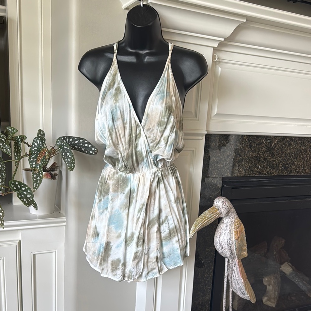 Tie-Dye Sleeveless V-Neck Romper in Blue & Olive